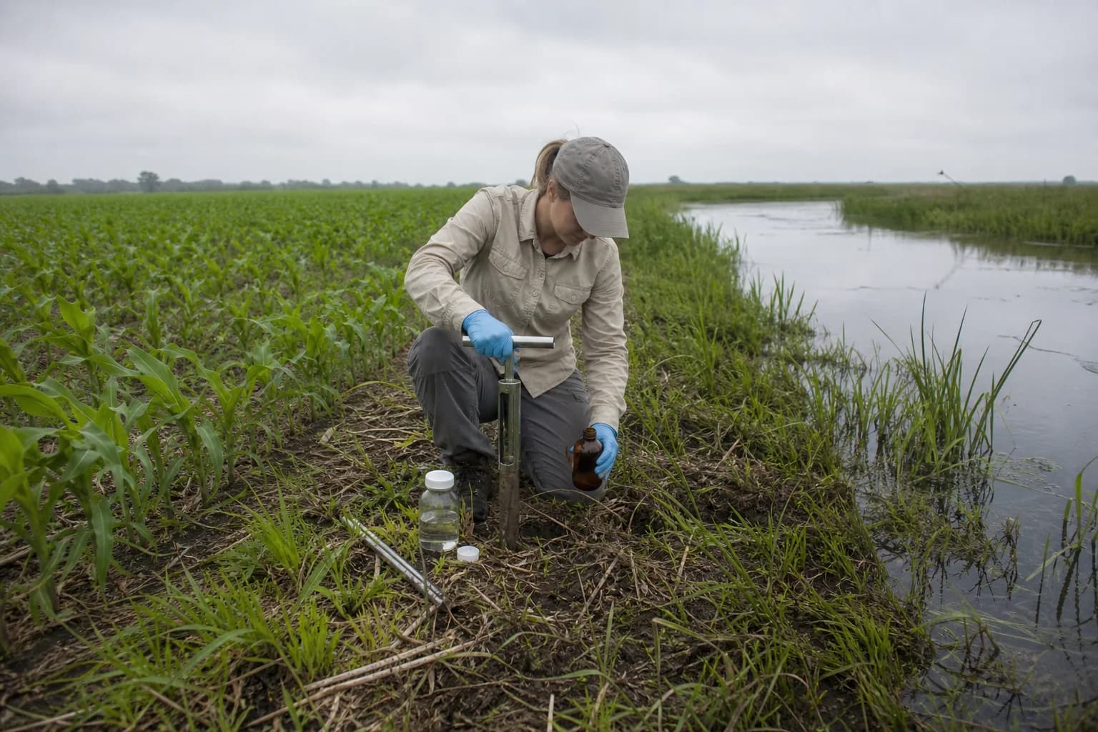 Environmental scientist collecting samples beside an agricultural field