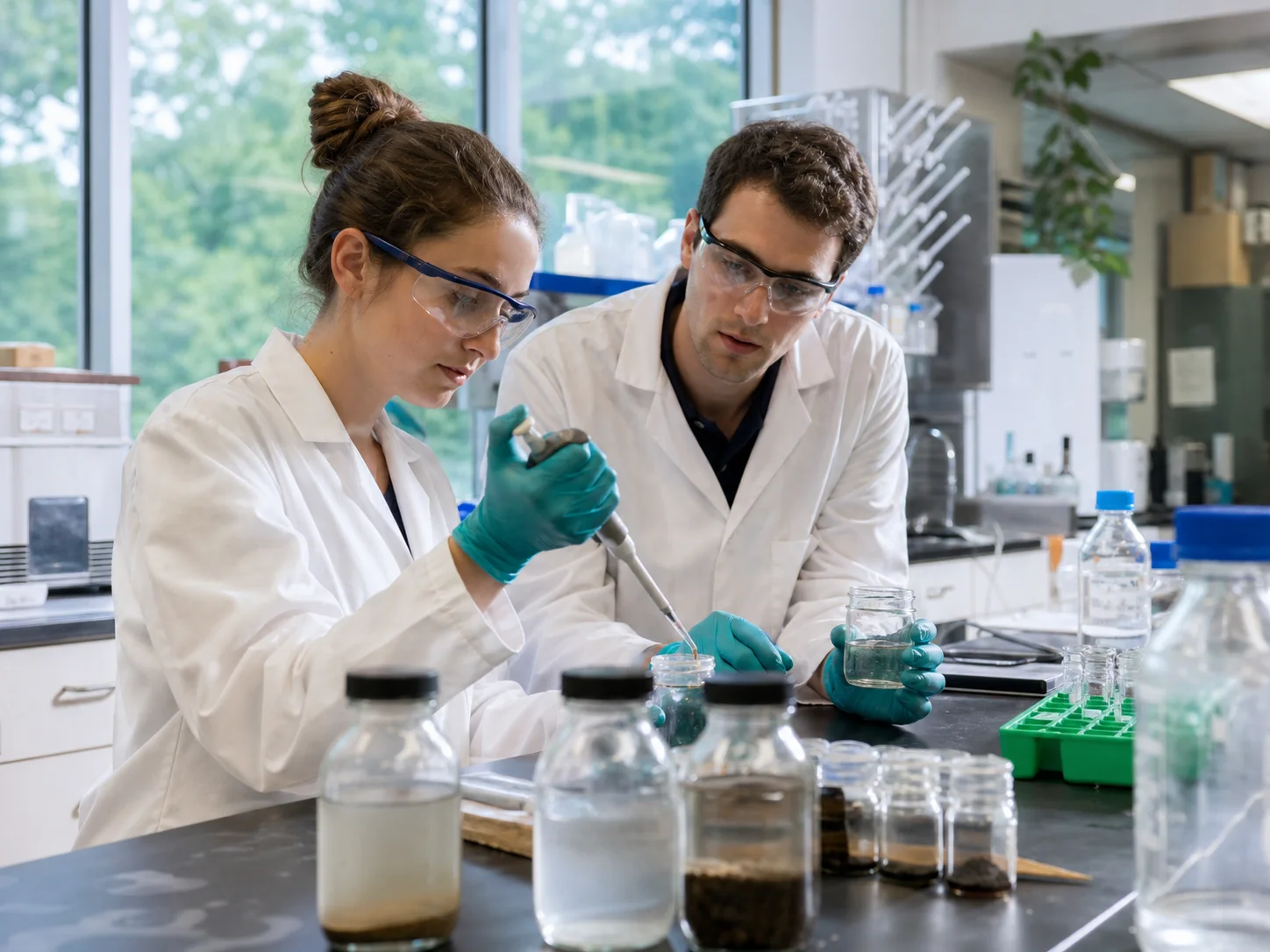 Environmental microbiologists analyzing water and soil samples in a laboratory